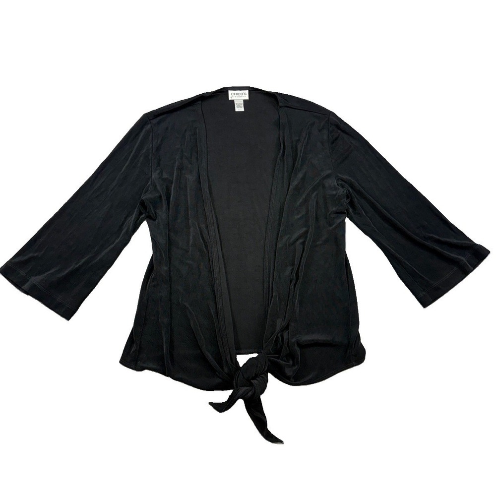 Chico's Black Slinky Knit Lightweight 3/4 Sleeve Cardigan Tie Acetate Size‎ 2